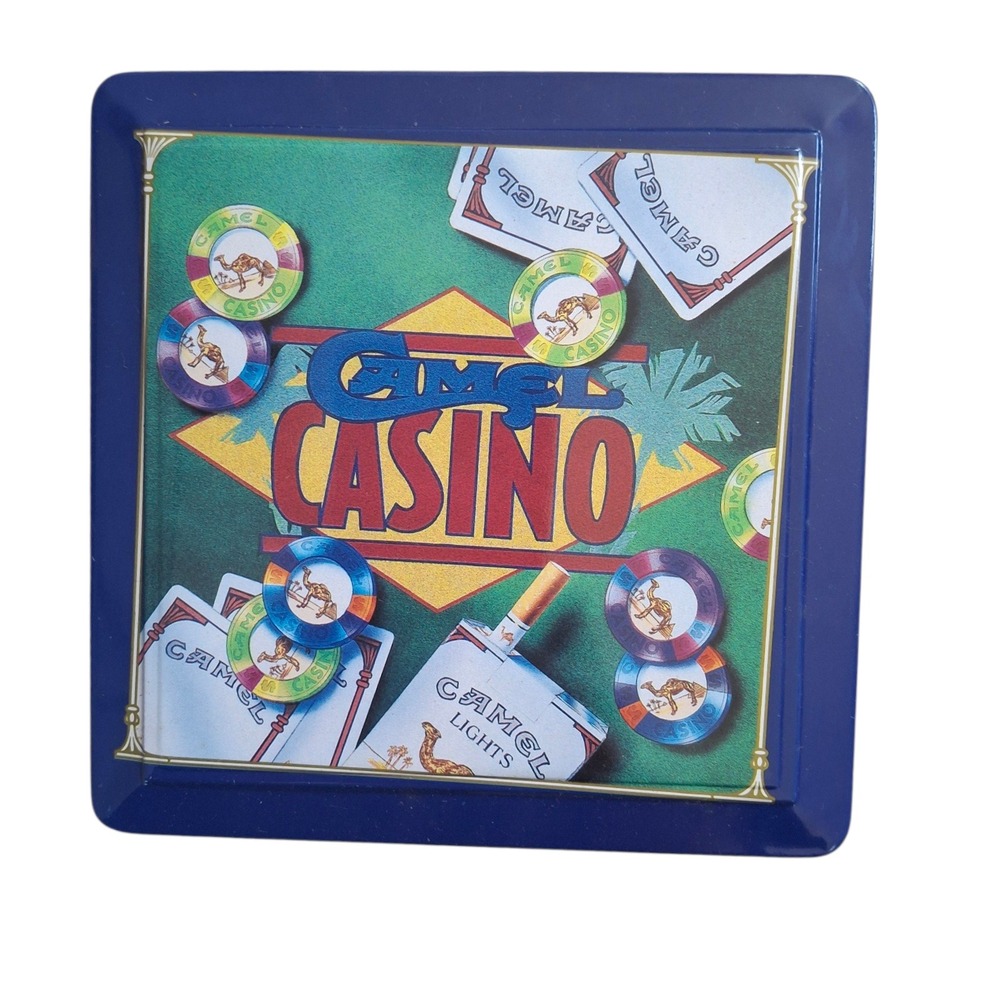 Vintage Joe Camel Casino Poker Set Tin with Sealed Cards and Poker Chips Blue